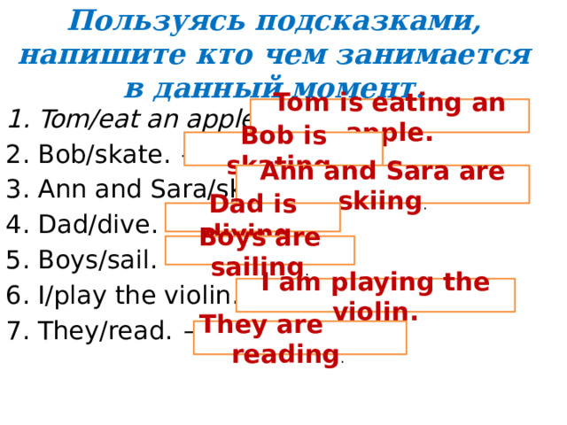 Пользуясь подсказками, напишите кто чем занимается в данный момент. Tom is eating an apple. Tom/eat an apple. – Bob/skate. – Ann and Sara/ski. –  Dad/dive. – Boys/sail. – I/play the violin. – They/read. – Bob is skating. Ann and Sara are skiing . Dad is diving. Boys are sailing . I am playing the violin. They are reading . 