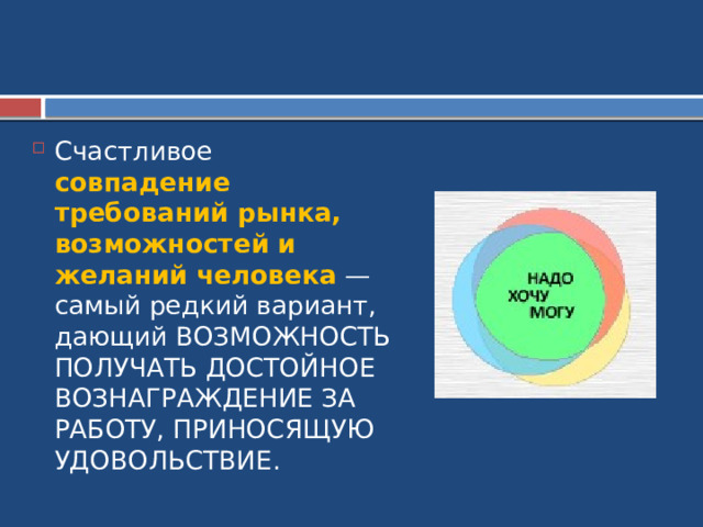 Счастливое совпадение требований рынка, возможностей и желаний человека — самый редкий вариант, дающий ВОЗМОЖНОСТЬ ПОЛУЧАТЬ ДОСТОЙНОЕ ВОЗНАГРАЖДЕНИЕ ЗА РАБОТУ, ПРИНОСЯЩУЮ УДОВОЛЬСТВИЕ. 