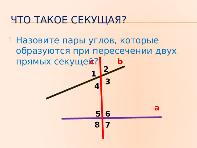 Что такое секущая? Назовите пары углов, которые образуются при пересечении двух прямых секущей? b c 2 1 3 4 a 5 6 7 8 