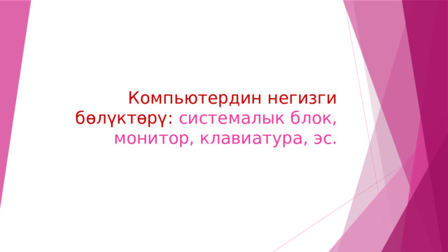 Компьютердин негизги бөлүктөрү: системалык блок, монитор, клавиатура, эс. 