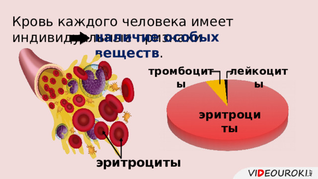 Кровь каждого человека имеет индивидуальные признаки  наличие особых веществ . лейкоциты тромбоциты эритроциты эритроциты 
