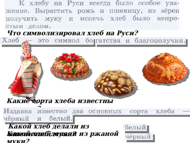 Что символизировал хлеб на Руси?   Какие сорта хлеба известны издавна?   Какой хлеб делали из пшеничной муки?   Какой хлеб делали из ржаной муки?  