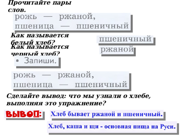  Прочитайте пары слов.   Как называется белый хлеб?   Как называется черный хлеб?   Сделайте вывод: что мы узнали о хлебе, выполняя это упражнение?  