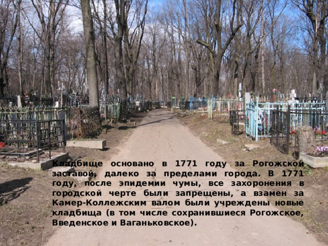 Кладбище основано в 1771 году за Рогожской заставой, далеко за пределами города. В 1771 году, после эпидемии чумы, все захоронения в городской черте были запрещены, а взамен за Камер-Коллежским валом были учреждены новые кладбища (в том числе сохранившиеся Рогожское, Введенское и Ваганьковское). 