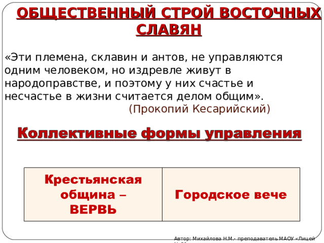 ОБЩЕСТВЕННЫЙ СТРОЙ ВОСТОЧНЫХ СЛАВЯН «Эти племена, склавин и антов, не управляются одним человеком, но издревле живут в народоправстве, и поэтому у них счастье и несчастье в жизни считается делом общим».  (Прокопий Кесарийский) Автор: Михайлова Н.М.- преподаватель МАОУ «Лицей № 21» 