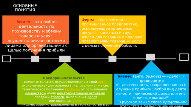 ОСНОВНЫЕ ПОНЯТИЯ Фирма  - торговое или промышленное предприятие, использующее природные ресурсы, капиталы и труд людей для создания и продажи потребителям товаров  и  услуг с целью получения прибыли.   Бизнес  - это любая деятельность по производству и обмену товаров и услуг, осуществляемая частными лицами или организациями с целью получения прибыли Бизнес  ( англ.   business  — «дело», « предприятие »)  деятельность, направленная на получение прибыли; любой вид деятельности, приносящий доход или иные личные выгоды [2] . В русском языке слова  предпринимательство  и  бизнес  синонимичны Предпринимательство -самостоятельная, осуществляемая на свой  риск  экономическая деятельность, направленная на систематическое получение  прибыли  от пользования  имуществом  и/или  нематериальными активами , продажи  товаров , выполнения  работ  или оказания  услуг  лицами, зарегистрированными в этом качестве в установленном  законом  порядке 2 