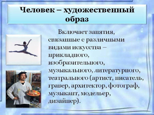 Система человек художественный образ. Художественный Тип личности профессии. Характеристика профессий типа человек художественный образ. Человек художественный образ презентация. Человек худ образ профессии.