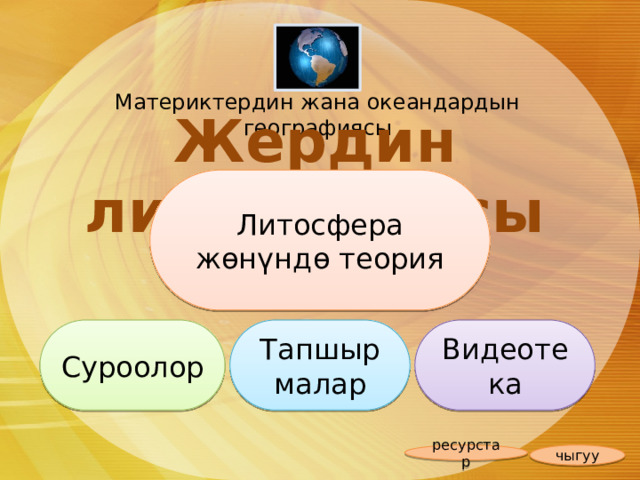 Материктердин жана океандардын географиясы Жердин литосферасы Литосфера жөнүндө теория Тапшырмалар Суроолор Видеотека чыгуу ресурстар 