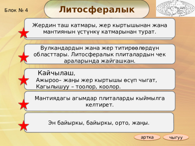 Литосфералык плиталар Блок № 4 Жердин таш катмары, жер кыртышынан жана мантиянын үстүнкү катмарынан турат. 1. Литосфера деген эмне? Кандай бөлүктөрдөн турат? 2. Сейсмикалык алкактар деген эмне, алар кайсы жерлерде жайгашкан? Вулкандардын жана жер титирөөлөрдүн областтары. Литосфералык плиталардын чек араларында жайгашкан. 3. Плиталардын чек араларындагы 3 типти атагыла. Чек араларда кандай өзгөрүүлөр жүрөт ?  Кайчылаш ,  Ажыроо– жаңы жер кыртышы өсүп чыгат,  Кагылышуу – тоолор, коолор. Мантиядагы агымдар плиталарды кыймылга келтирет. 4. Литосфералык плиталар эмне үчүн жылып турушат? Эн байыркы, байыркы, орто, жаңы. 5. Тоо пайда болуунун негизги доорлорун атагыла . артка чыгуу 