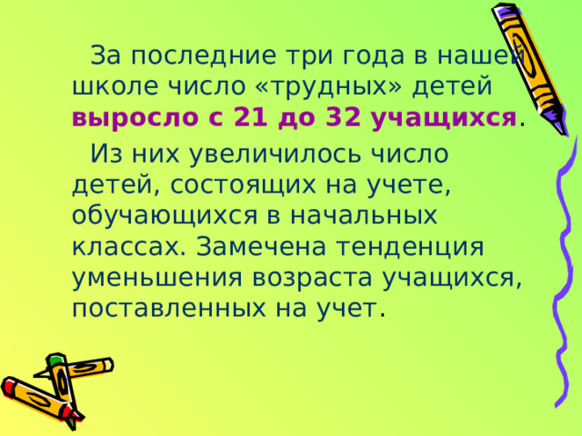 За последние три года в нашей школе число «трудных» детей  выросло с 21 до 32 учащихся . Из них увеличилось число детей, состоящих на учете, обучающихся в начальных классах. Замечена тенденция уменьшения возраста учащихся, поставленных на учет . 