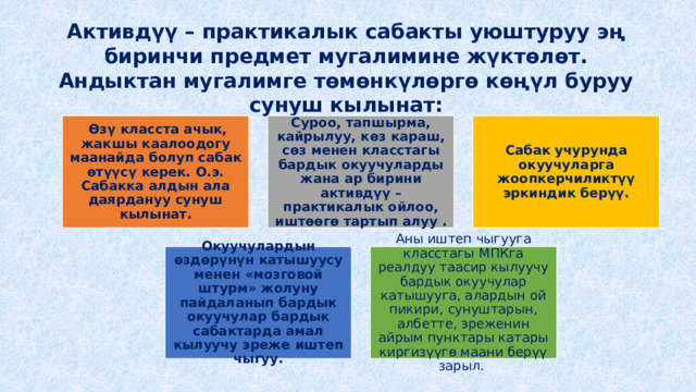 Активдүү – практикалык сабакты уюштуруу эң биринчи предмет мугалимине жүктөлөт. Андыктан мугалимге төмөнкүлөргө көңүл буруу сунуш кылынат:  Өзү класста ачык, жакшы каалоодогу маанайда болуп сабак өтүүсү керек. О.э. Сабакка алдын ала даярдануу сунуш кылынат. Суроо, тапшырма, кайрылуу, көз караш, сөз менен класстагы бардык окуучуларды жана ар бирини активдүү – практикалык ойлоо, иштөөгө тартып алуу . Сабак учурунда окуучуларга жоопкерчиликтүү эркиндик берүү. Окуучулардын өздөрүнүн катышуусу менен «мозговой штурм» жолуну пайдаланып бардык окуучулар бардык сабактарда амал кылуучу эреже иштеп чыгуу. Аны иштеп чыгууга класстагы МПКга реалдуу таасир кылуучу бардык окуучулар катышууга, алардын ой пикири, сунуштарын, албетте, эреженин айрым пунктары катары киргизүүгө маани берүү зарыл. 