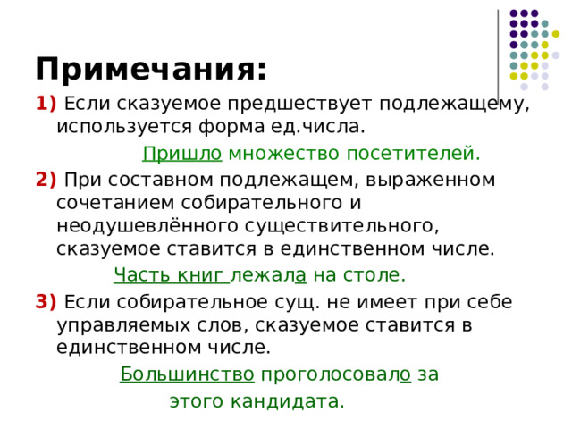 Примечания: 1) Если сказуемое предшествует подлежащему, используется форма ед.числа.   Пришло множество посетителей. 2) При составном подлежащем, выраженном сочетанием собирательного и неодушевлённого существительного, сказуемое ставится в единственном числе.    Часть книг лежал а на столе. 3)  Если собирательное сущ. не имеет при себе управляемых слов, сказуемое ставится в единственном числе.     Большинство  проголосовал о за  этого кандидата. 