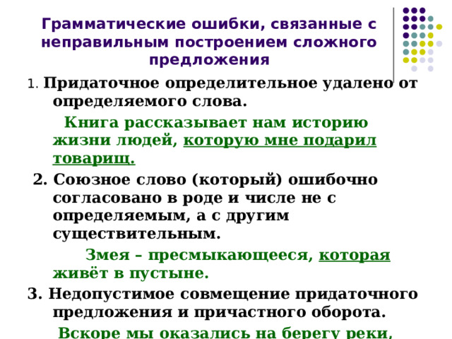 Грамматические ошибки, связанные с неправильным построением сложного предложения 1. Придаточное определительное удалено от определяемого слова.  Книга рассказывает нам историю жизни людей, которую мне подарил товарищ.  2. Союзное слово (который) ошибочно согласовано в роде и числе не с определяемым, а с другим существительным.  Змея – пресмыкающееся, которая живёт в пустыне. 3. Недопустимое совмещение придаточного предложения и причастного оборота.   Вскоре мы оказались на берегу реки, которая пробивает себе путь через горы и несущей свои воды в Чёрное море . 