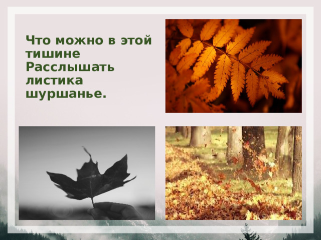 Что можно в этой тишине  Расслышать листика шуршанье. 