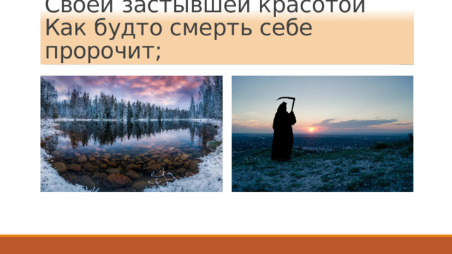 Своей застывшей красотой  Как будто смерть себе пророчит; 