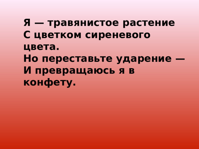 Я — травянистое растение  С цветком сиреневого цвета.  Но переставьте ударение —  И превращаюсь я в конфету.  