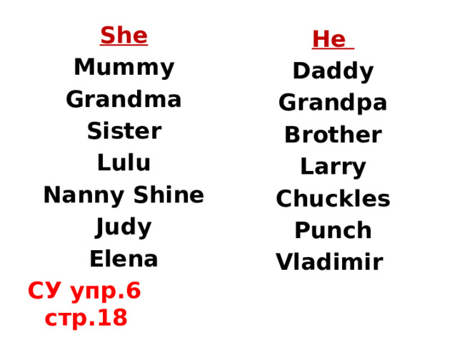She Mummy Grandma Sister Lulu Nanny Shine Judy Elena СУ упр.6 стр.18 He Daddy Grandpa Brother Larry Chuckles Punch Vladimir  