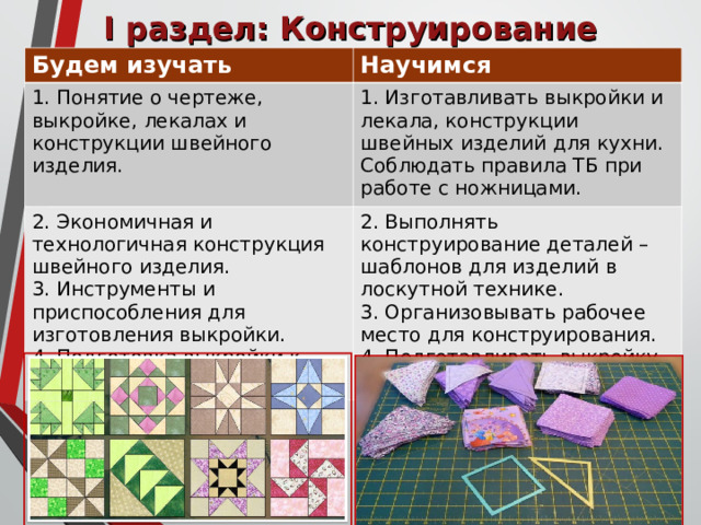 I раздел: Конструирование Будем изучать Научимся 1 . Понятие о чертеже, выкройке, лекалах и конструкции швейного изделия. 1. Изготавливать выкройки и лекала, конструкции швейных изделий для кухни. Соблюдать правила ТБ при работе с ножницами. 2. Экономичная и технологичная конструкция швейного изделия. 3. Инструменты и приспособления для изготовления выкройки. 4. Подготовка выкройки к раскрою. 2. Выполнять конструирование деталей – шаблонов для изделий в лоскутной технике. 3. Организовывать рабочее место для конструирования. 4. Подготавливать выкройку к раскрою. 