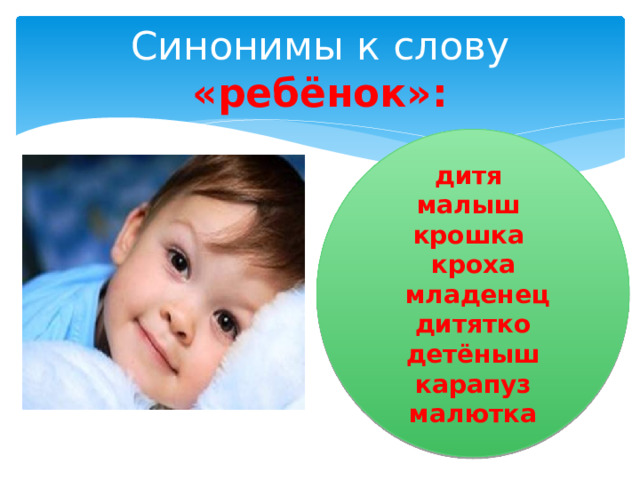 Синонимы к слову «ребёнок»: дитя малыш крошка кроха  младенец дитятко детёныш карапуз малютка 