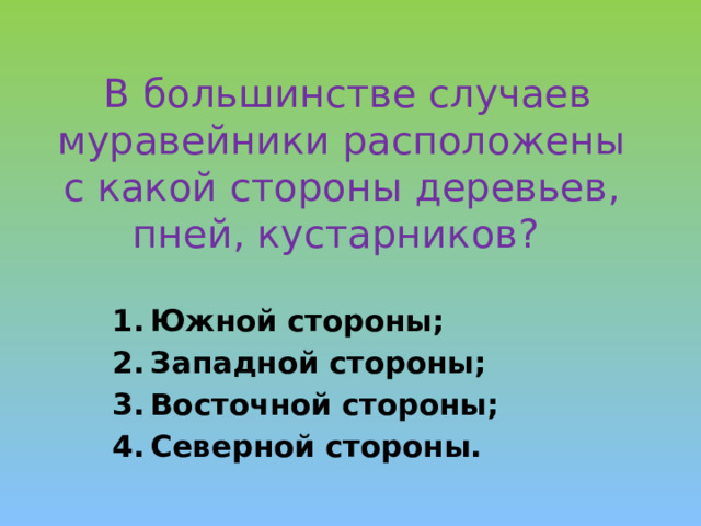 В какой стороне располагаются муравейники у деревьев и кустарников