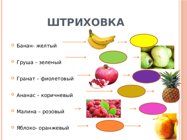 штриховка Банан- желтый Груша – зеленый Гранат – фиолетовый Ананас – коричневый Малина – розовый Яблоко- оранжевый 