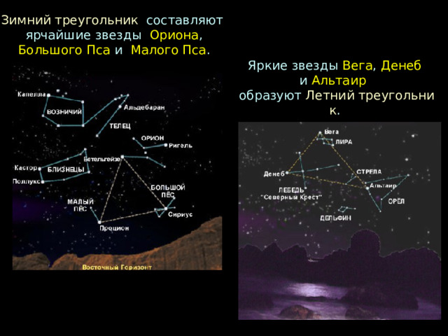 Зимний треугольник   составляют   ярчайшие звезды  Ориона , Большого Пса  и  Малого Пса .  Яркие звезды  Вега , Денеб   и  Альтаир    образуют  Летний треугольник .  
