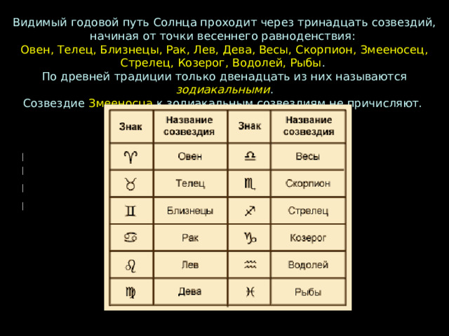 Видимый годовой путь Солнца проходит через тринадцать созвездий, начиная от точки весеннего равноденствия: Овен, Телец, Близнецы, Рак, Лев, Дева, Весы, Скорпион, Змееносец, Стрелец, Козерог, Водолей, Рыбы . По древней традиции только двенадцать из них называются зодиакальными . Созвездие Змееносца к зодиакальным созвездиям не причисляют. 