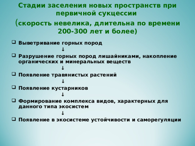 Стадии заселения новых пространств при первичной сукцессии  ( скорость невелика, длительна по времени 200-300 лет и более) Выветривание горных пород  ↓ Разрушение горных пород лишайниками, накопление органических и минеральных веществ ↓ Появление травянистых растений  ↓ Появление кустарников ↓ Формирование комплекса видов, характерных для данного типа экосистем ↓ Появление в экосистеме устойчивости и саморегуляции   