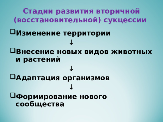 Стадии развития вторичной (восстановительной) сукцессии Изменение территории ↓ Внесение новых видов животных и растений ↓ Адаптация организмов ↓ Формирование нового сообщества 