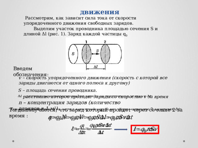 Связь силы тока со скоростью упорядоченного движения  Рассмотрим, как зависит сила тока от скорости упорядоченного движения свободных зарядов.  Выделим участок проводника площадью сечения S и длиной Δl (рис. 1). Заряд каждой частицы q 0 Введем обозначения: v – скорость упорядоченного движения (скорость с которой все заряды двигаются от одного полюса к другому) S – площадь сечения проводника. – расстояние которое проходят заряды со скоростью v за время   n – концентрация зарядов (количество зарядов в 1 м 3 ) Тогда получается, что заряд который пройдет через сечение 2 за время :          