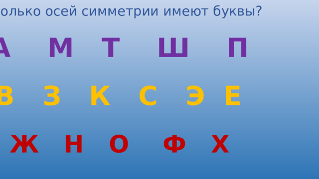 Сколько осей симметрии имеют буквы? А М Т Ш П В З К С Э Е Ж Н О Ф Х 