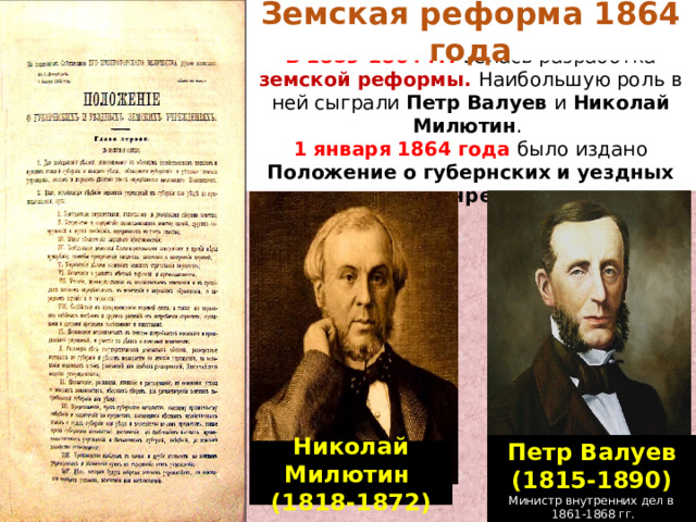 Земская реформа 1864 года В  1859-1864 гг. велась разработка земской реформы. Наибольшую роль в ней сыграли Петр Валуев и Николай Милютин . 1 января 1864 года было издано Положение о губернских и уездных земских учреждениях. Петр Валуев (1815-1890)  Министр внутренних дел в  1861-1868 гг. Николай Милютин (1818-1872) 
