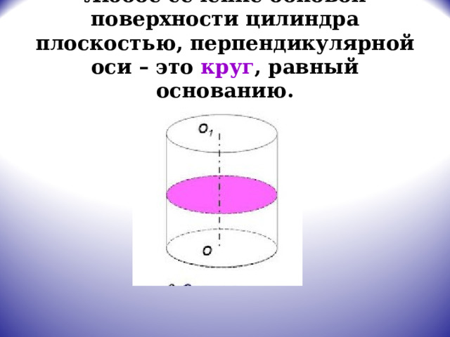 Любое сечение боковой поверхности цилиндра плоскостью, перпендикулярной оси – это круг , равный основанию. 