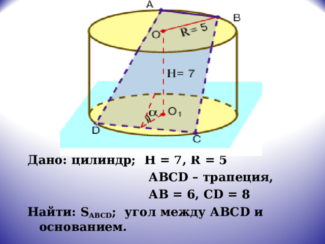 Дано: цилиндр; Н = 7, R = 5  АВС D – трапеция,  АВ = 6, С D = 8 Найти: S ABCD ; угол между АВС D и основанием. 