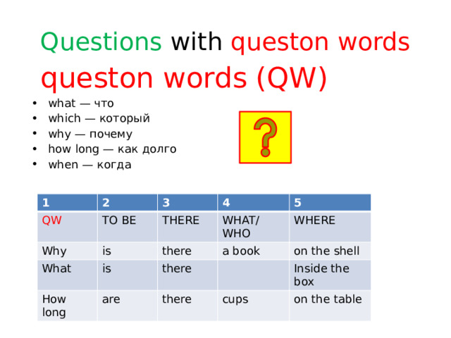 Questions with queston words  queston words ( QW ) what — что which — который why — почему how long — как долго when — когда 1 QW 2 Why 3 TO BE What THERE 4 is How long WHAT/WHO is there 5 there WHERE a book are on the shell there Inside the box cups on the table 