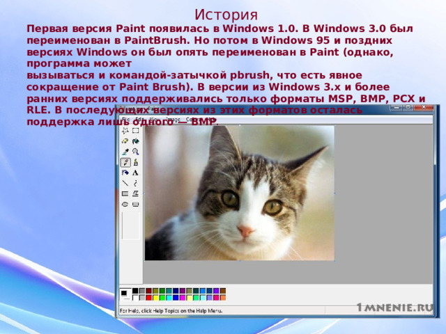 История Первая версия Paint появилась в Windows 1.0. В Windows 3.0 был переименован в PaintBrush. Но потом в Windows 95 и поздних версиях Windows он был опять переименован в Paint (однако, программа может вызываться и командой-затычкой pbrush, что есть явное сокращение от Paint Brush). В версии из Windows 3.x и более ранних версиях поддерживались только форматы MSP, BMP, PCX и RLE. В последующих версиях из этих форматов осталась поддержка лишь одного — BMP .  