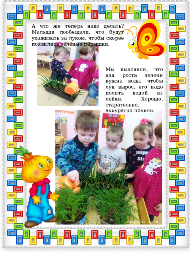 А что же теперь надо делать? Малыши пообещали, что будут ухаживать за луком, чтобы скорее появились зелёные пёрышки. Мы выяснили, что для роста зелени нужна вода, чтобы лук вырос, его надо полить водой из лейки. Хорошо, старательно, аккуратно полили. 