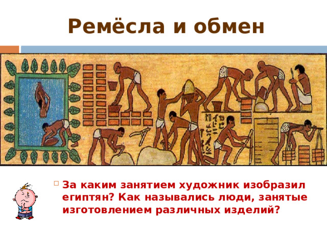 Ремёсла и обмен За каким занятием художник изобразил египтян? Как назывались люди, занятые изготовлением различных изделий? 