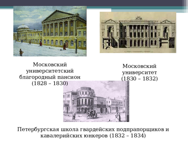 Московский Университетский благородный Пансион (1828 – 1830). Московский университет Лермонтов 1830.