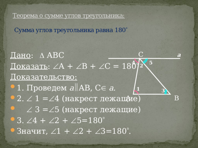  Теорема о сумме углов треугольника:   Сумма углов треугольника равна 180    С Дано :  АВС Доказать :  А +  В +  С = 180  Доказательство: 1. Проведем а  АВ, С   а. 2.  1 =  4 (накрест лежащие)    3 =  5 (накрест лежащие) 3.  4 +  2 +  5=180  Значит,  1 +  2 +  3=180  . а 5 4 2 1 3 В А 3 