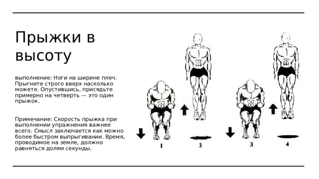 Прыжки в высоту выполнение: Ноги на ширине плеч. Прыгните строго вверх насколько можете. Опустившись, присядьте примерно на четверть — это один прыжок. Примечание: Скорость прыжка при выполнении упражнения важнее всего. Смысл заключается как можно более быстром выпрыгивании. Время, проводимое на земле, должно равняться долям секунды. 