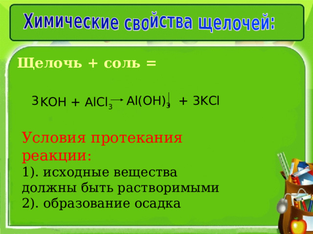 Щелочь + соль =  3 Al(OH) 3   + 3KCl KOH + AlCl 3 Условия протекания реакции:  1). исходные вещества должны быть растворимыми  2). образование осадка  