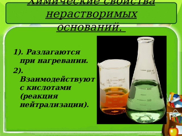 Химические свойства нерастворимых оснований.  1). Разлагаются при нагревании. 2). Взаимодействуют с кислотами (реакция нейтрализации). 