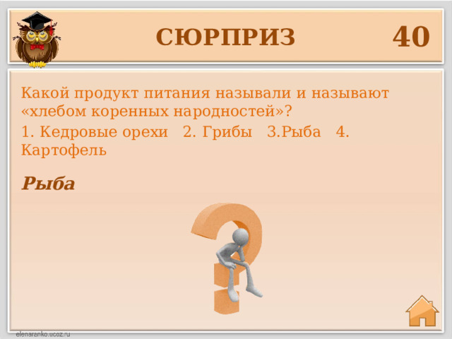 40 сюрприз Какой продукт питания называли и называют «хлебом коренных народностей»? 1. Кедровые орехи 2. Грибы 3.Рыба 4. Картофель Рыба 