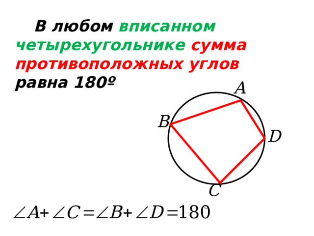  В любом вписанном четырехугольнике  сумма противоположных углов равна 180º 