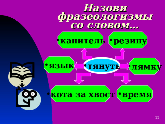 Назови фразеологизмы со словом… резину канитель язык тянуть лямку кота за хвост время 
