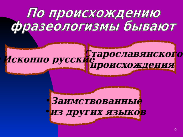 Старославянского происхождения Исконно русские Заимствованные из других языков 