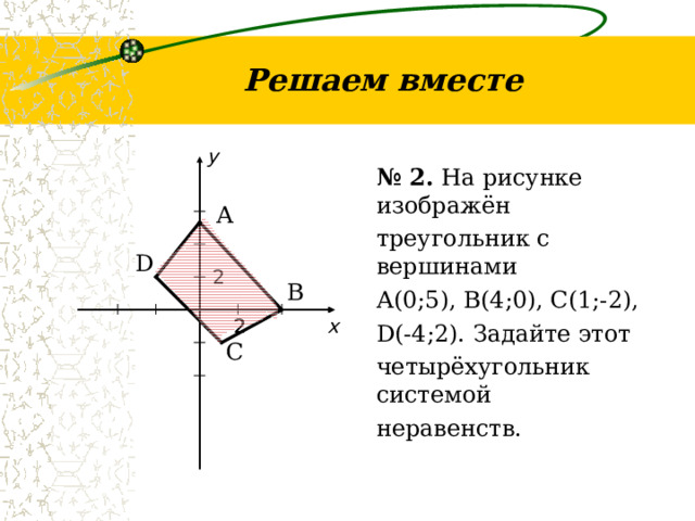 Решаем вместе у № 2. На рисунке изображён треугольник с вершинами А(0;5), В(4;0), С(1;-2), D(-4 ;2). Задайте этот четырёхугольник системой неравенств. А D 2 В 2 2 x 2 С 