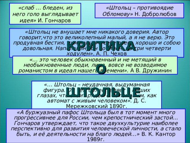 «слаб … бледен, из него голо выглядывает идея» И. Гончаров «Штольц – противоядие Обломову» Н. Добролюбов «Штольц не внушает мне никакого доверия. Автор говорит,что это великолепный малый, а я не верю. Это продувная бестия, думающая о себе очень хорошо и собою довольная. Наполовину он сочинен, на три четверти ходулен». А. П. Чехов КРИТИКА О ШТОЛЬЦЕ «… это человек обыкновенный и не метящий в необыкновенные люди, лицо, вовсе не возводимое романистом в идеал нашего времени». А В. Дружинин «… Штольц – неудачная, выдуманная фигура. Он тем более теряет в наших глазах, что стоит рядом с Обломовым, как автомат с живым человеком». Д. С. Мережковский 1890г. «А буржуазный пафос Штольца был в тот момент много прогрессивнее для России, чем крепостнический застой… Гончаров утверждает, что такое двухкультурие наиболее перспективно для развития человеческой личности, а стало быть, и её деятельности на благо людей…» В. К. Кантор 1989г.  