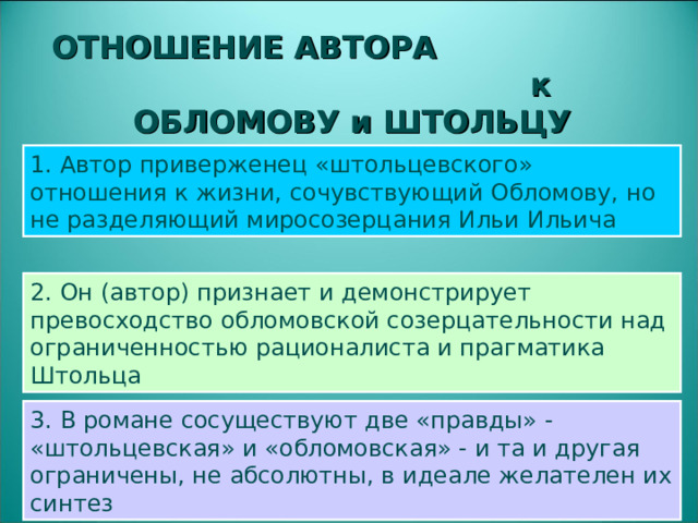 ОТНОШЕНИЕ АВТОРА к ОБЛОМОВУ и ШТОЛЬЦУ 1. Автор приверженец «штольцевского» отношения к жизни, сочувствующий Обломову, но не разделяющий миросозерцания Ильи Ильича 2. Он (автор) признает и демонстрирует превосходство обломовской созерцательности над ограниченностью рационалиста и прагматика Штольца 3. В романе сосуществуют две «правды» - «штольцевская» и «обломовская» - и та и другая ограничены, не абсолютны, в идеале желателен их синтез  
